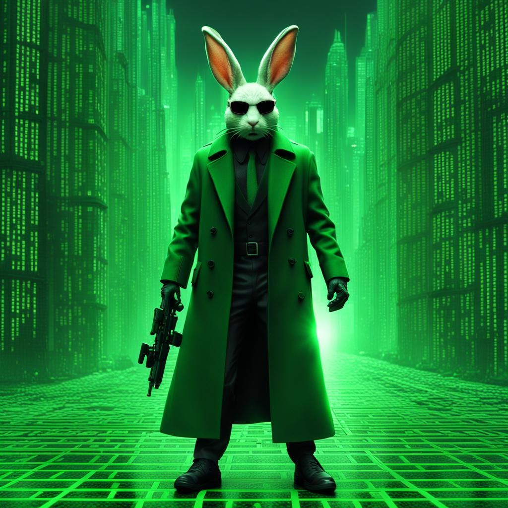 Evil Rabbit-Man in Matrix Style with Binary Code