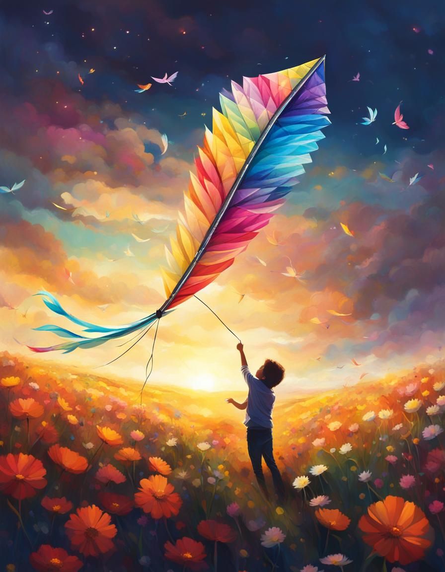 Feather Kite Soars Above Flower Field