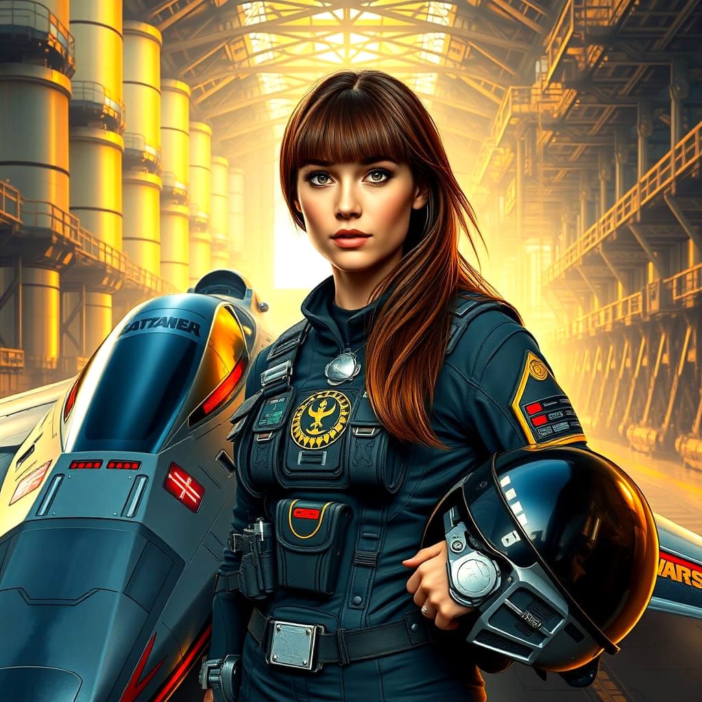 Epic Space Heroine Stands Beside Star Fighter in Majestic Di...