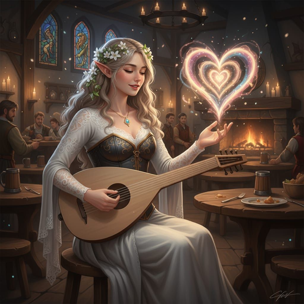 Elf Bard Woman Sings Love Spell in Tavern