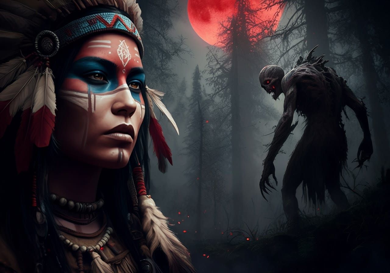 Native American Shamaness Summoning Forest Spirits in Battle