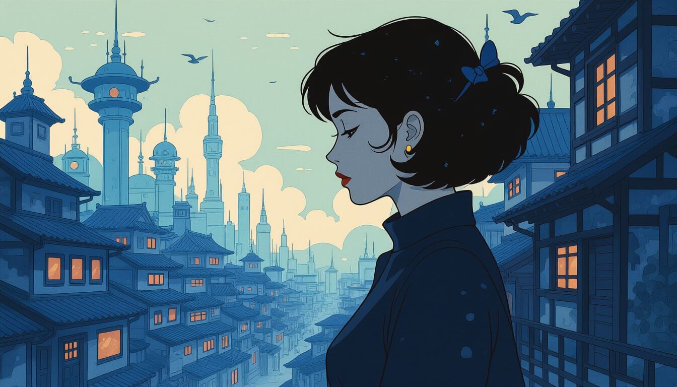 Melancholic Woman in a Whimsical Village