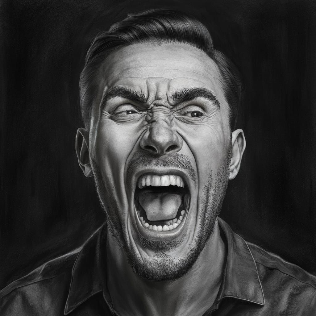 Detailed Charcoal Drawing of Screaming Man