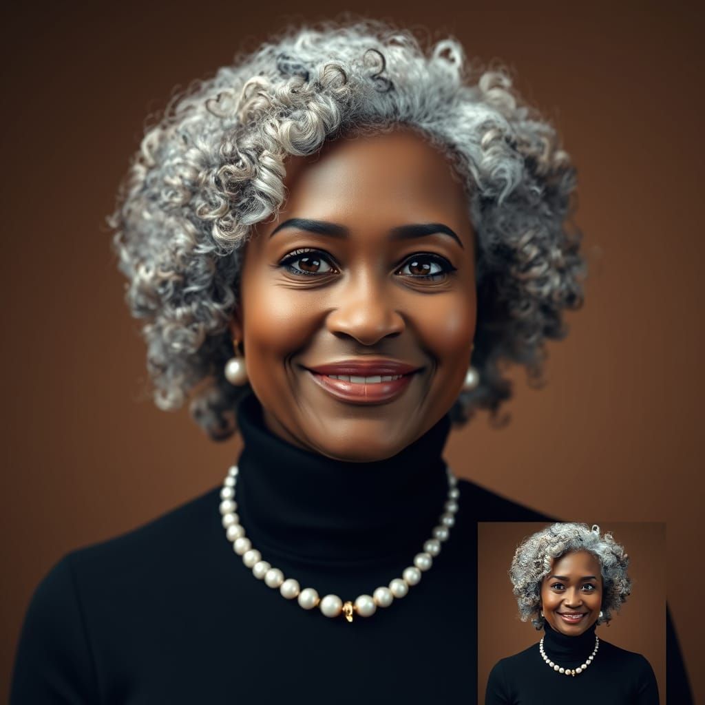 Photorealistic Portrait of Woman with Curly Hair and Pearl N...