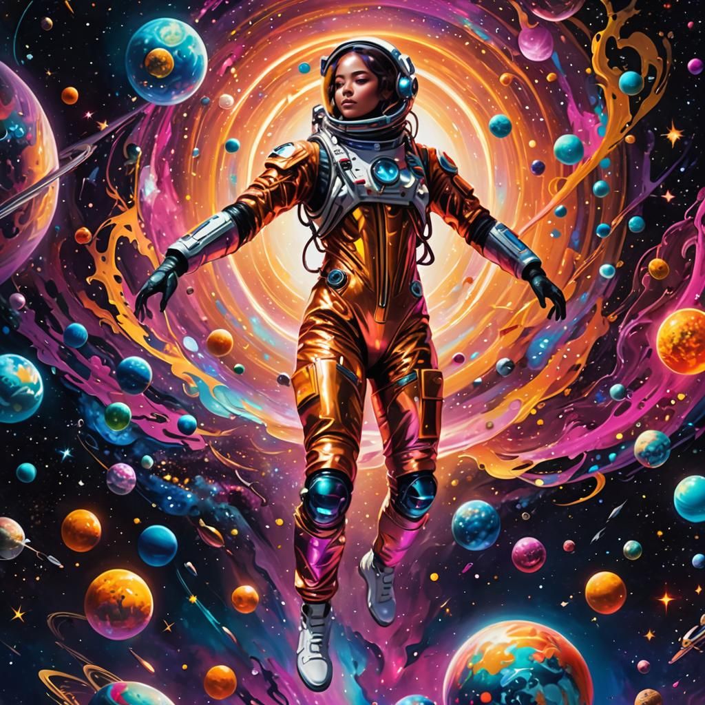 Astronaut Girl Floating in Cyberpunk Space