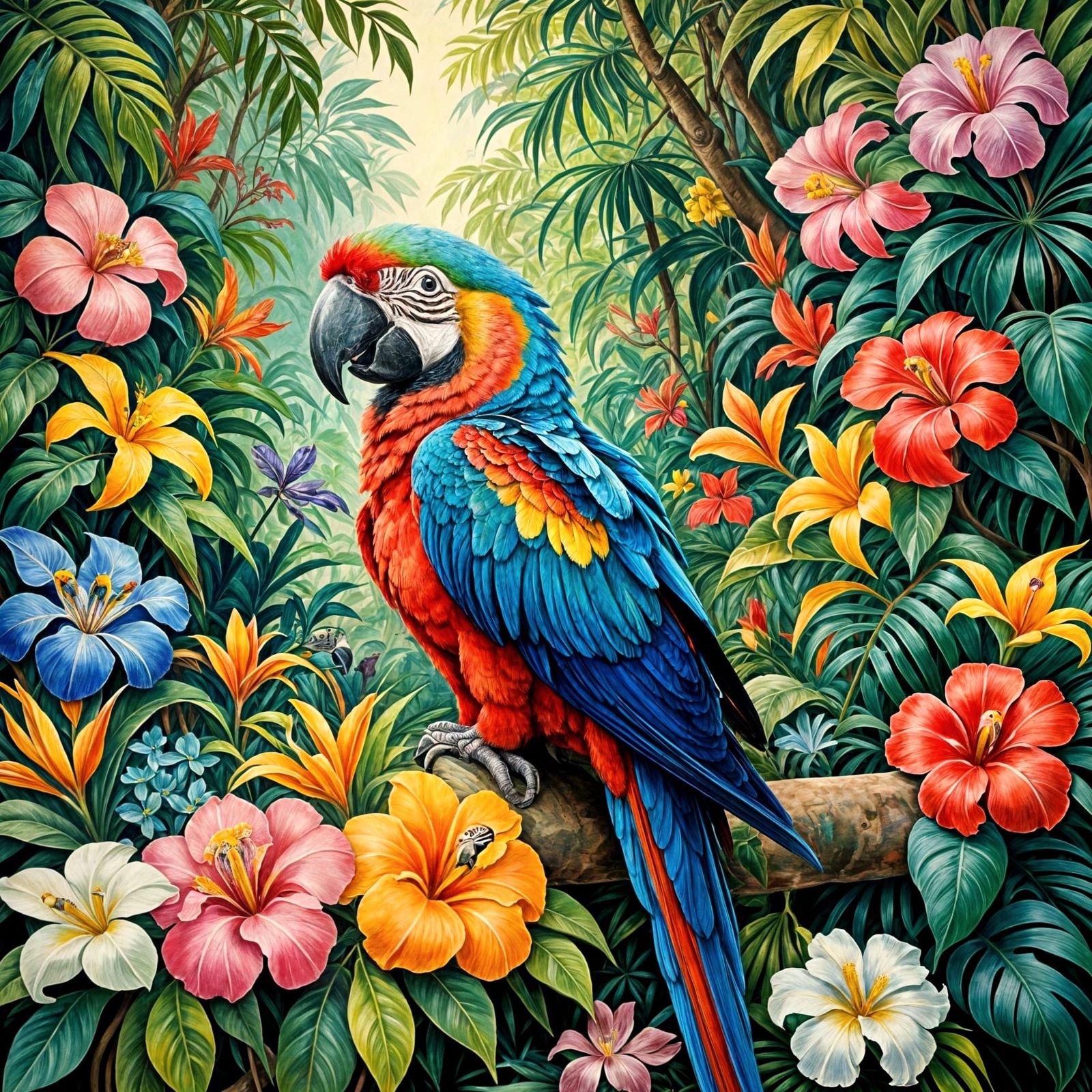 Vibrant Macaw in Whimsical Art Nouveau Chalk Drawing