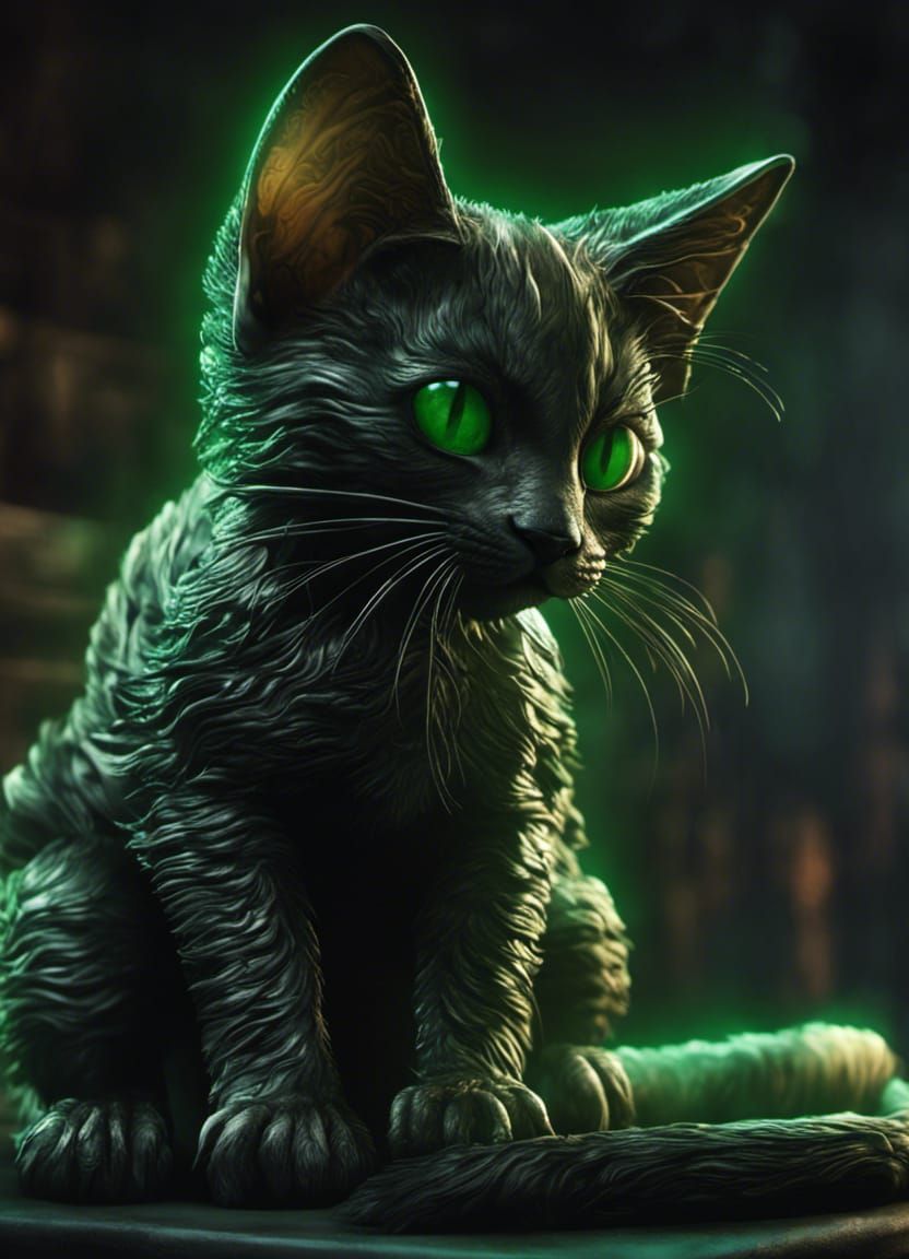 Menacing Green-Eyed Kitten in Dark Fantasy Style