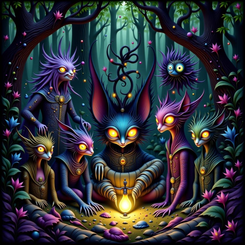 Mysterious Creatures in Forest, Fairy Tale Illustration