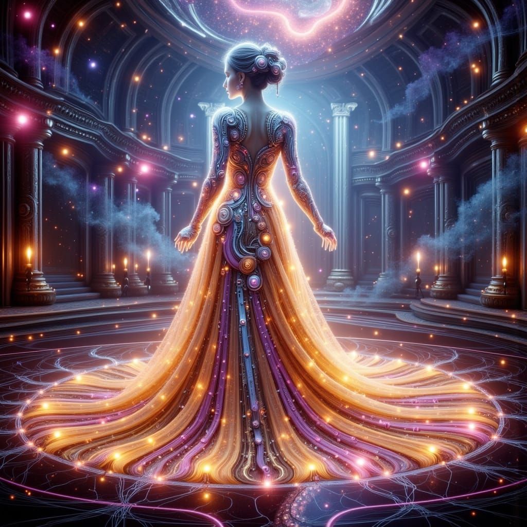 Cyberpunk Cinder in Opulent Galactic Ballroom