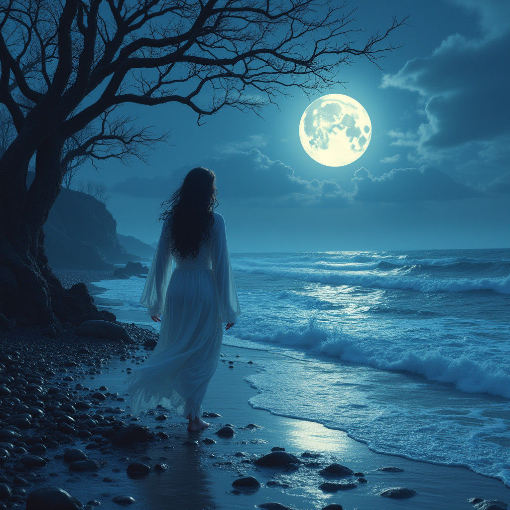 Moonlit Woman on Shoreline: Fantasy Landscape