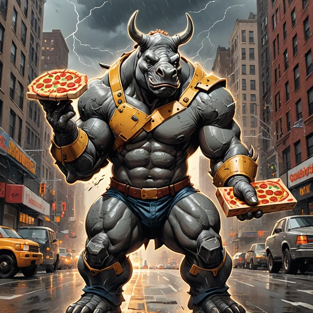 Rocksteady with Pizza in 90s Cartoon Style