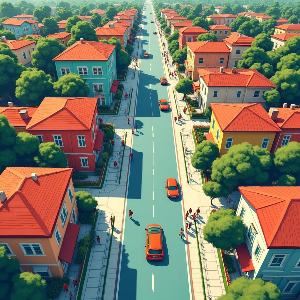 Vibrant Suburb Bird's Eye View in Urban Style