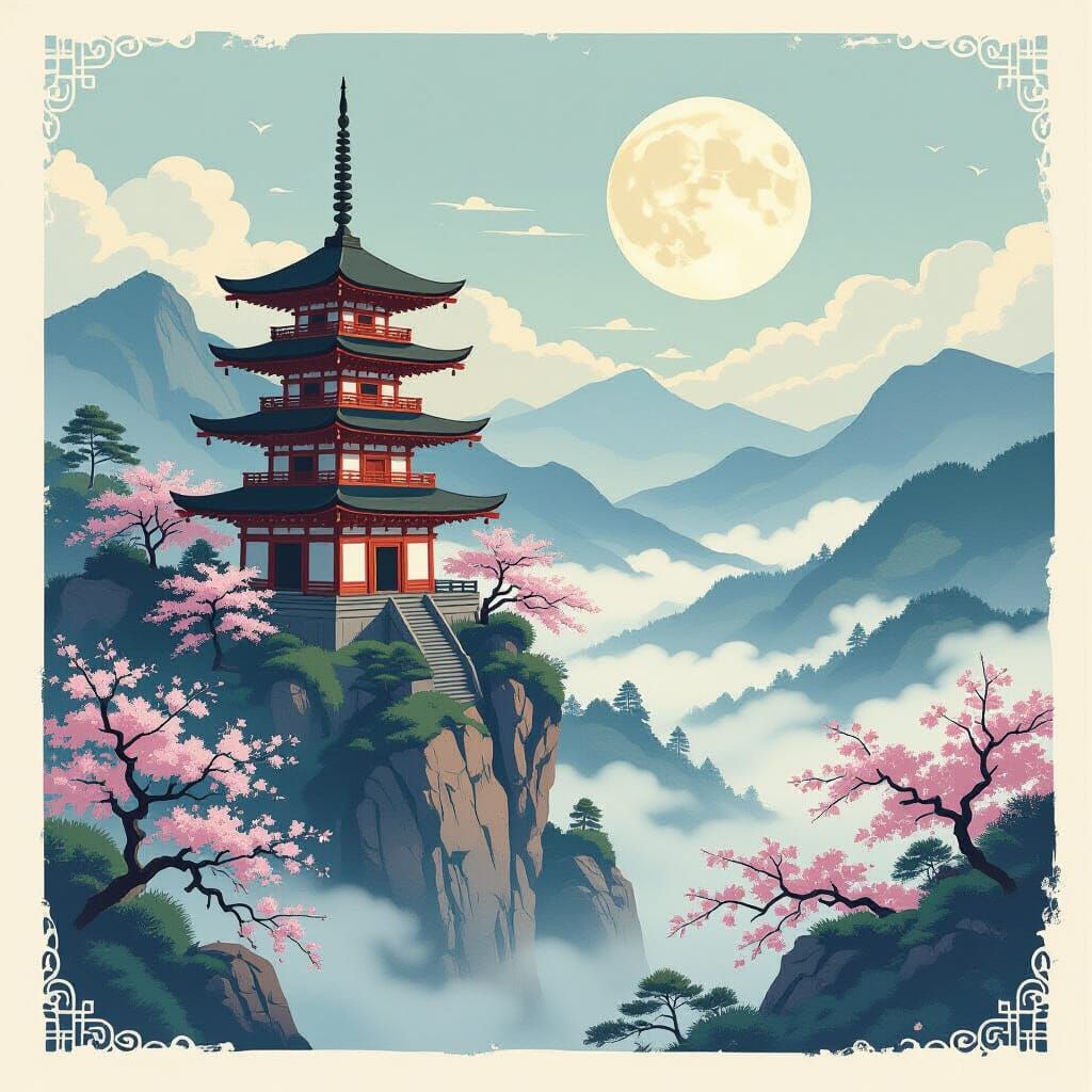 Ethereal Pagoda in Japanese Woodblock Style