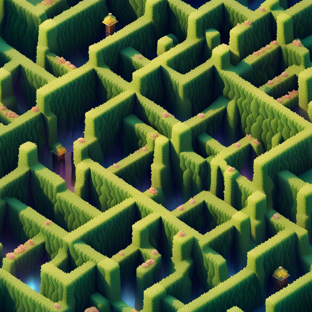 Crystal Hedge Maze in Isometric 3D Illustration