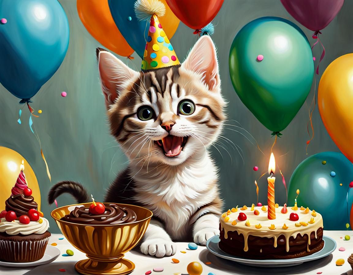 Happy Birthday Kitten in Hyperrealistic Oil Painting