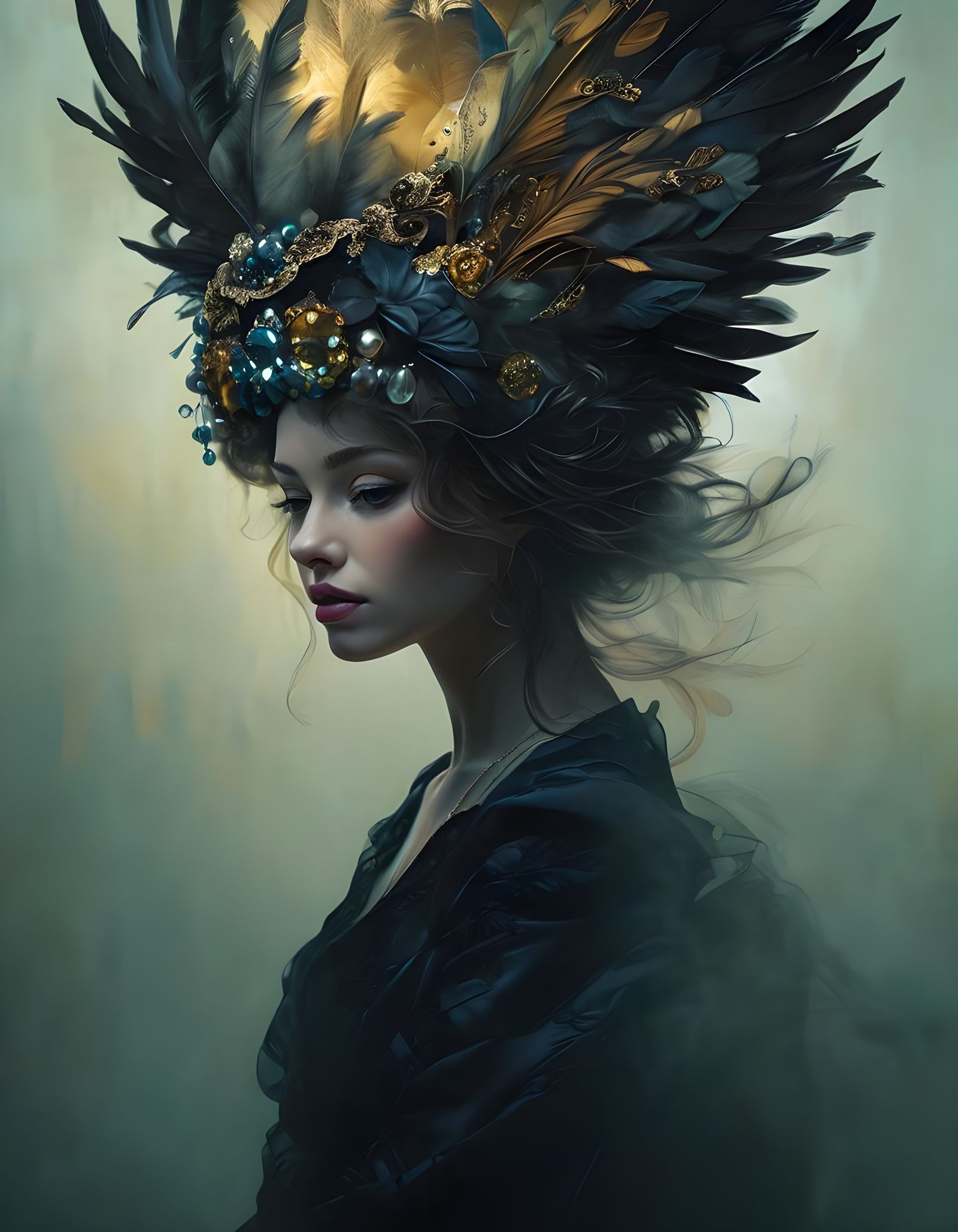 Woman in Elaborate Feathered Fascinator Portrait