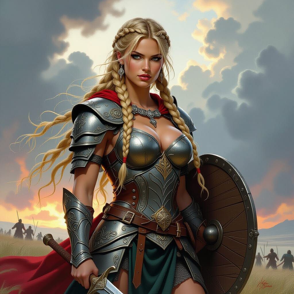 Heroic Shieldmaiden on Windswept Battlefield