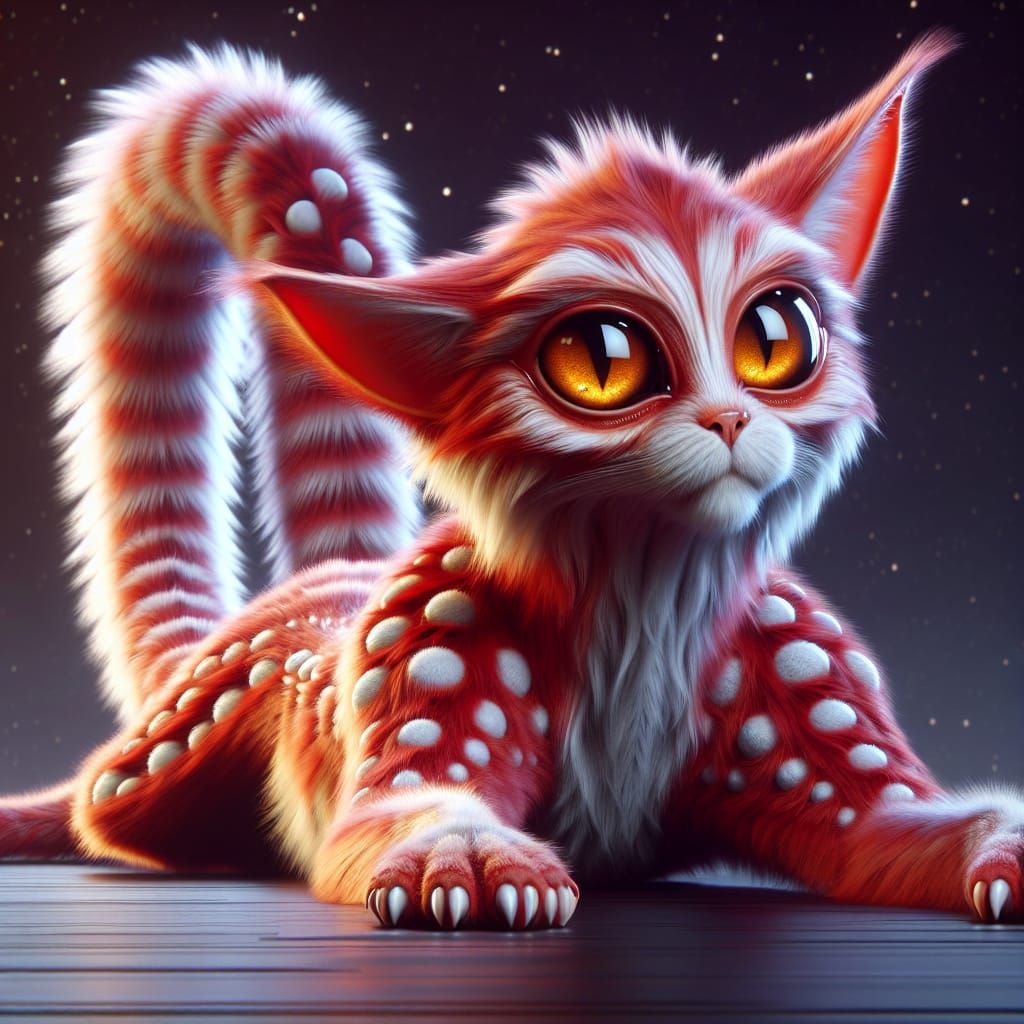 a graceful alien cat with enormous amber eyes and red fur with white spots stretches as it watches the viewer. Crafted m...