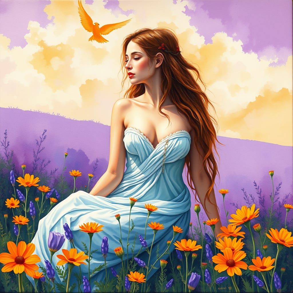 Nymph in Vibrant Orange Blossom Field under a Rich Purple Sk...