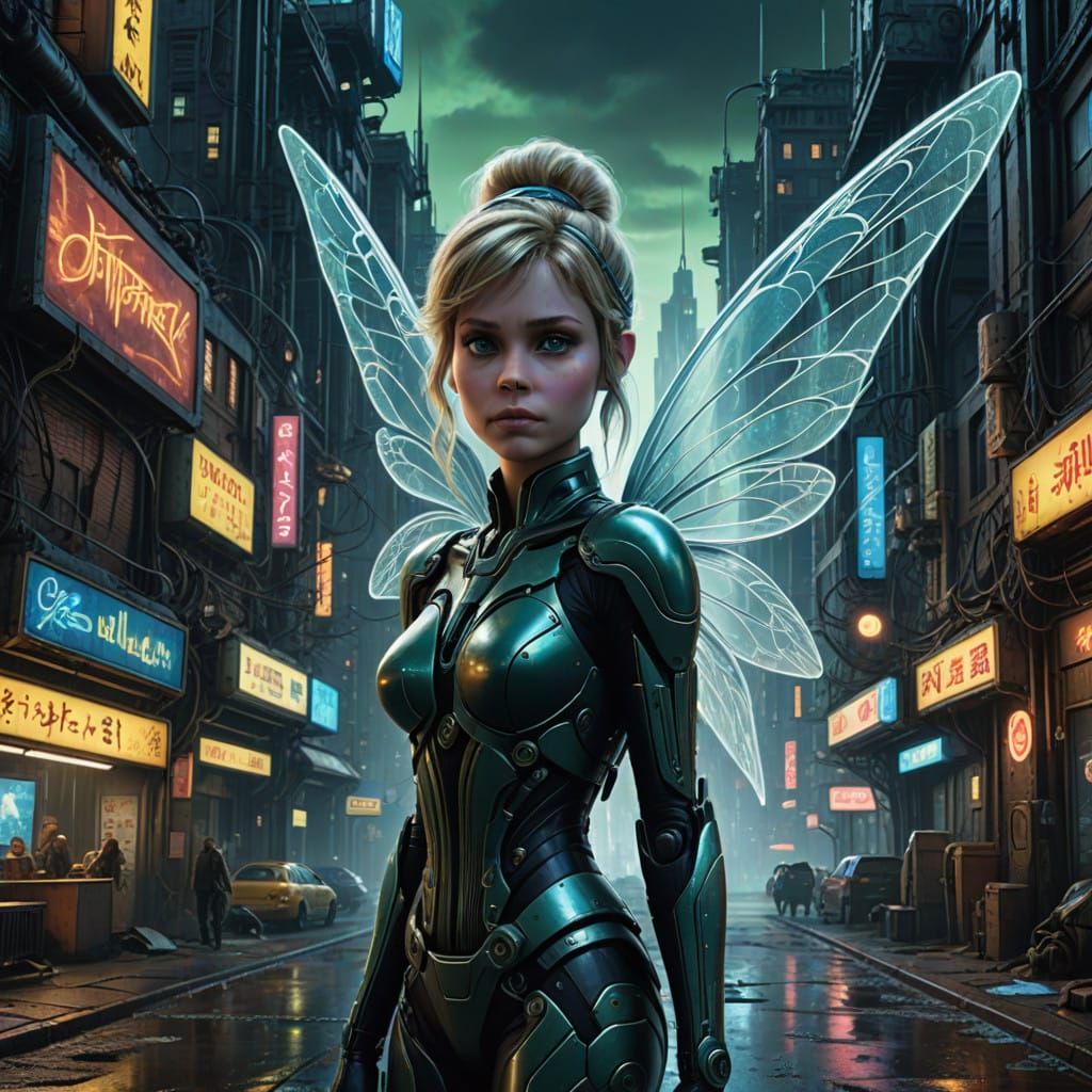 Cyberpunk Tinker Bell in Neon Metropolis
