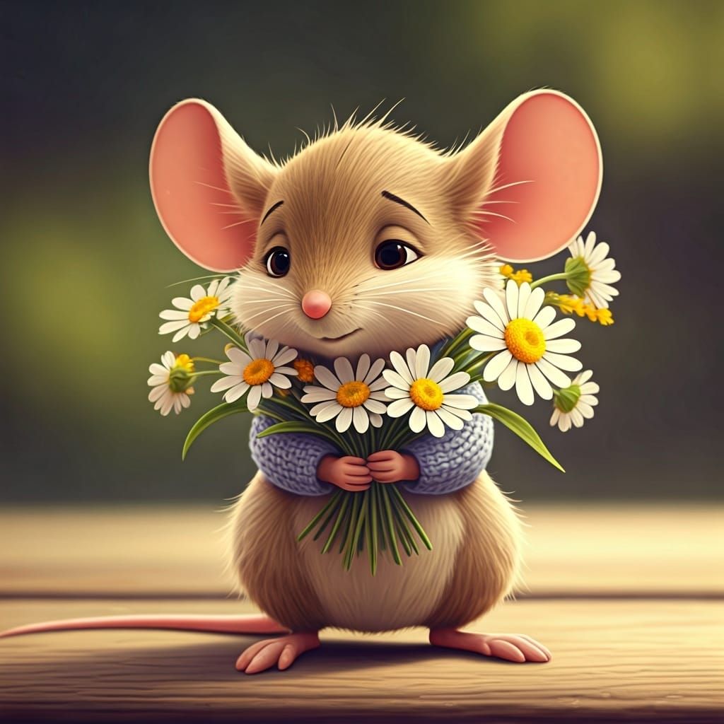 Sweet Mouse Holds Flowers in Disney CGI Style