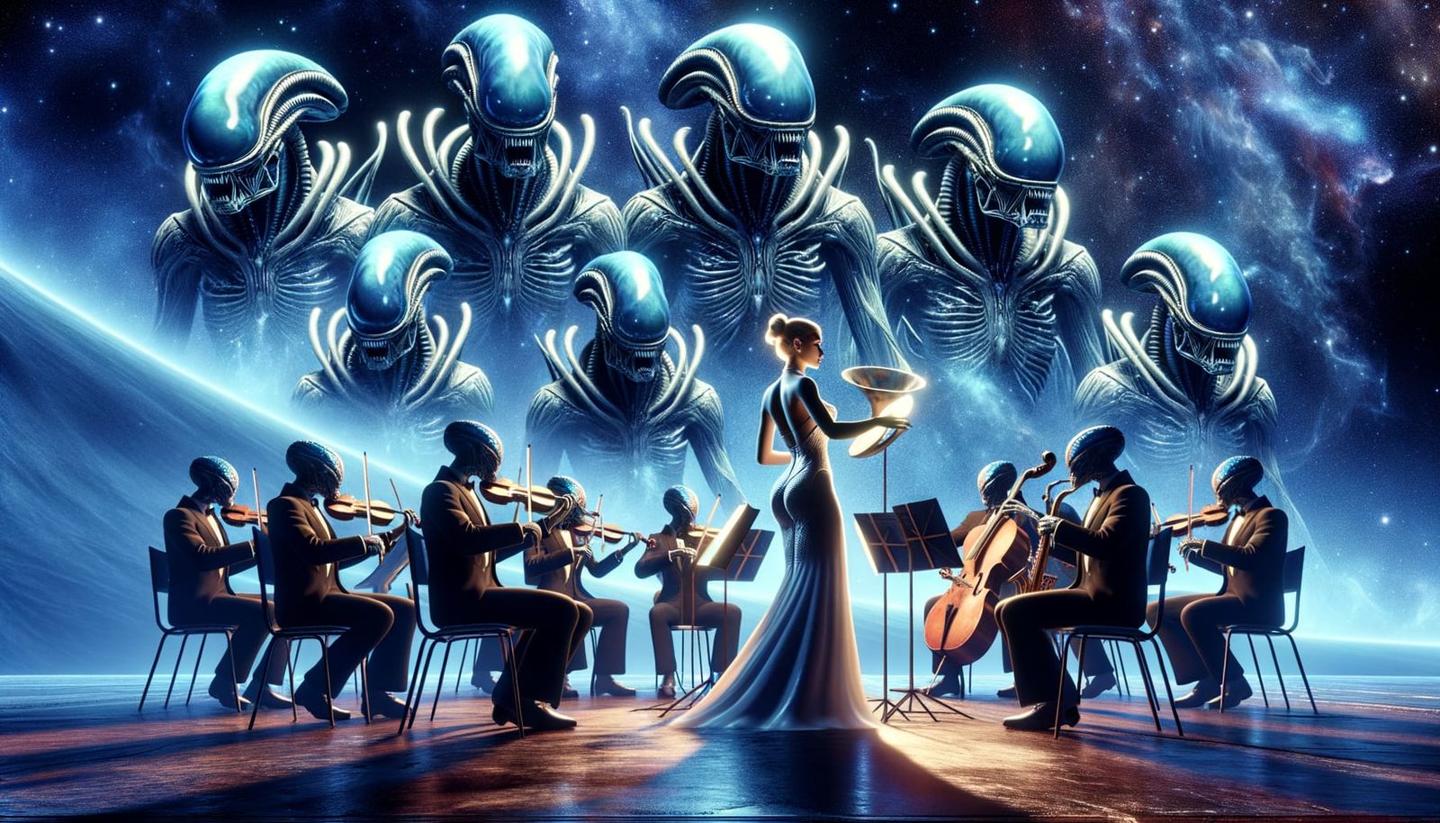 Ethereal Xenomorph Duet Conducted by Cosmic Actress in Futur...