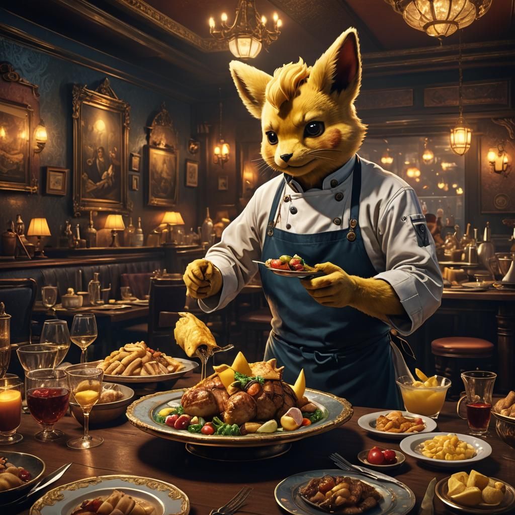 Ice Vulpix Serves Pikachu: Victorian Fantasy Art