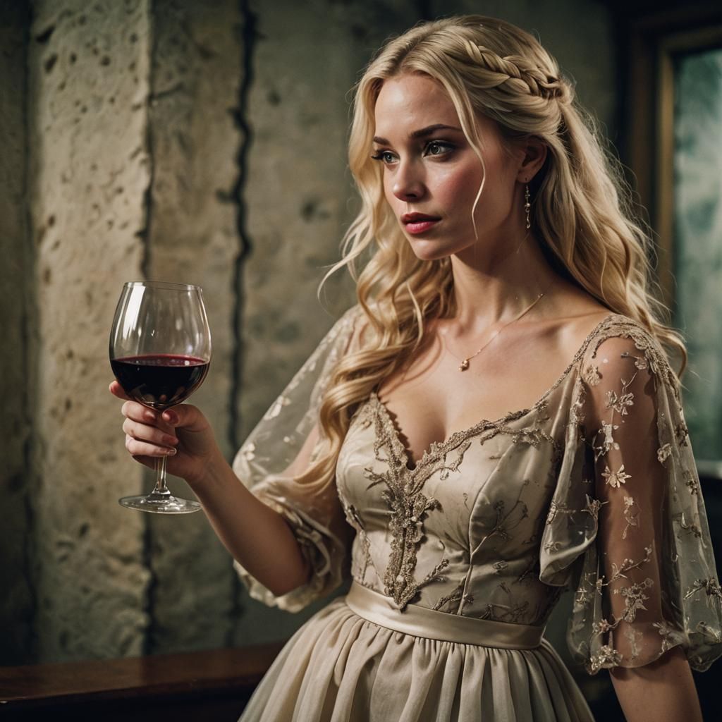 Dreaming Blond Girl with Wine: Cinematic Film Still