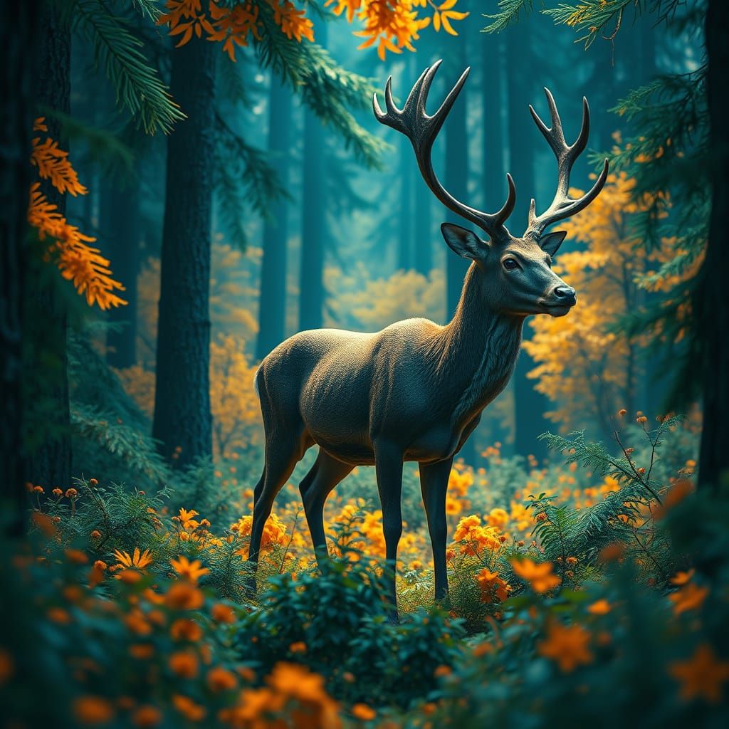 Mystic Deer in Lush Forest: Fantasy Concept Art