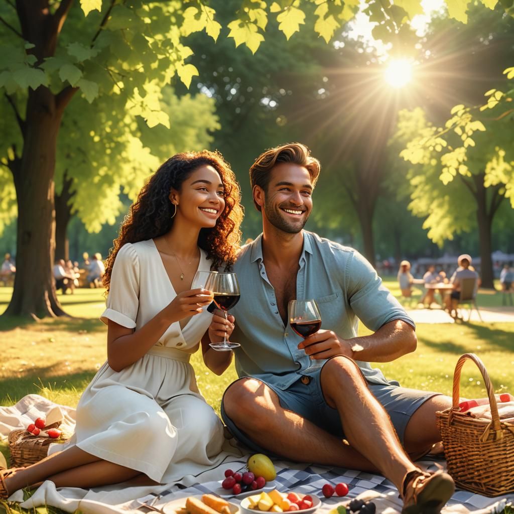 Romantic Couple's Picnic in Golden Hour Sunlight