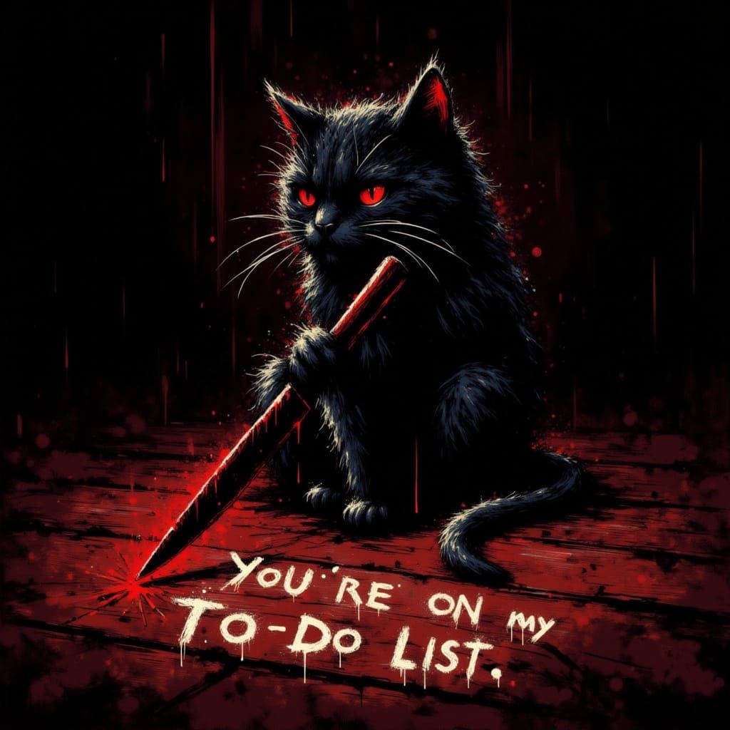 Black Cat with Knife, Moody Digital Art