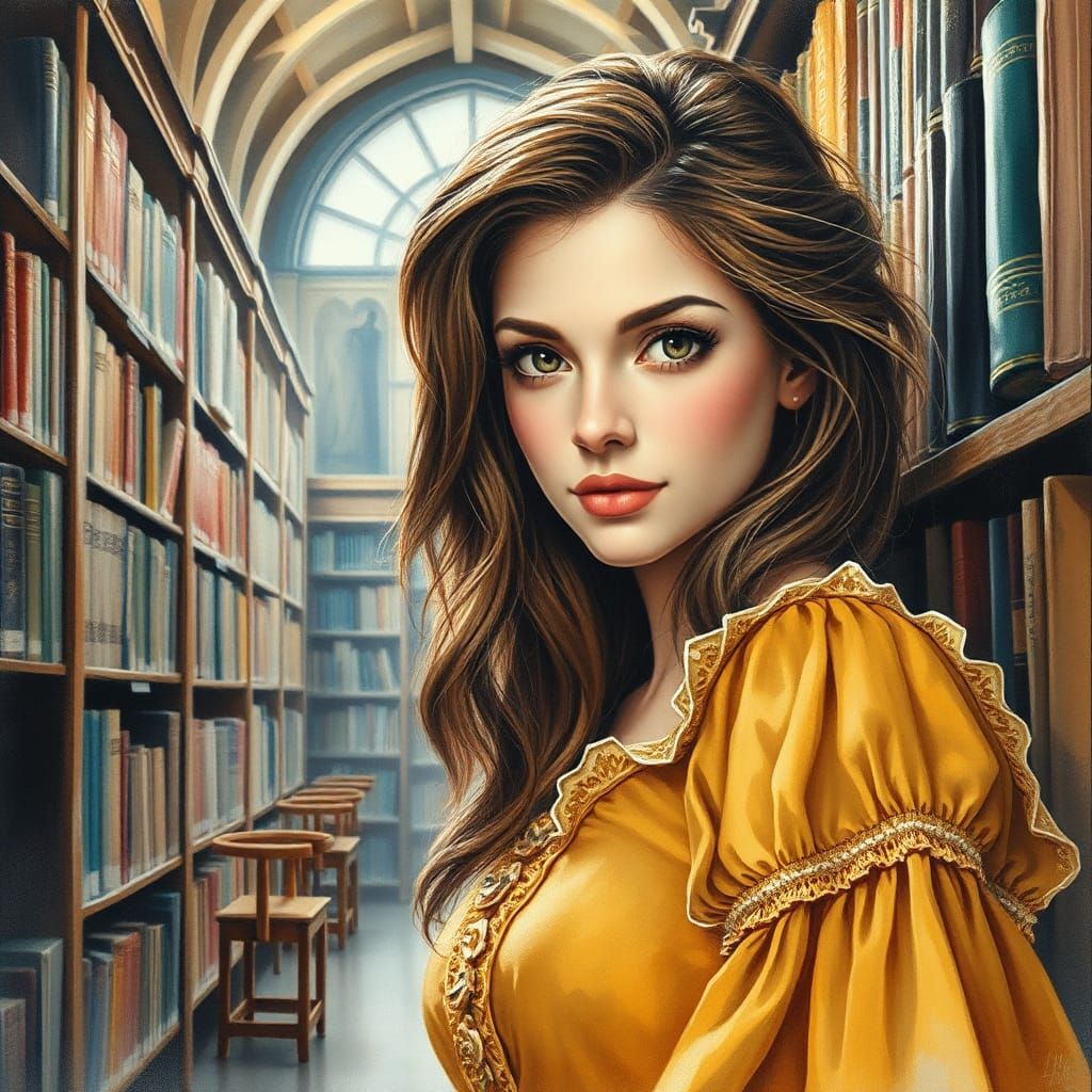 Miss Murphy in Library: Gouache Impressionist Masterpiece