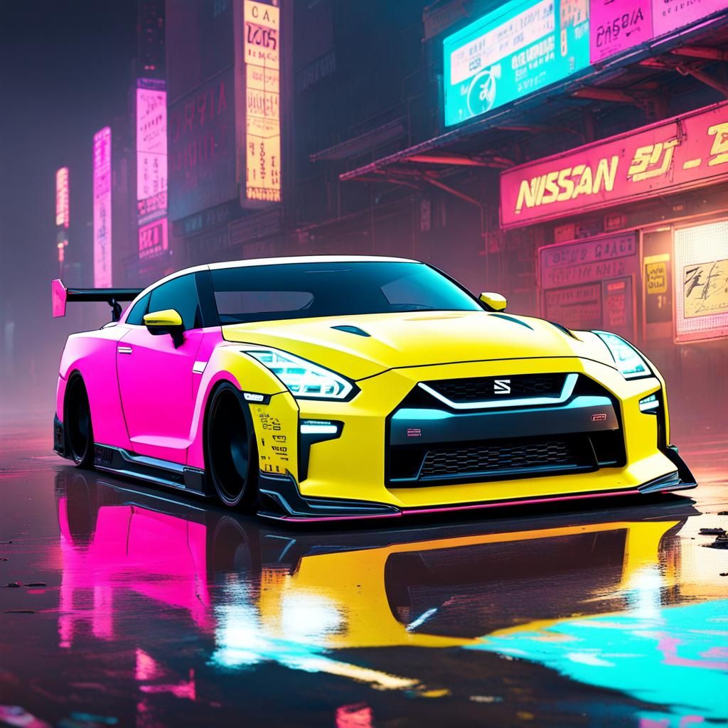 Nissan GT-R Drifting in Cyberpunk Neon Scene