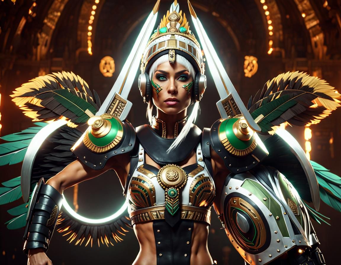Aztec Warrior Woman in Cyberpunk Servo-Armor