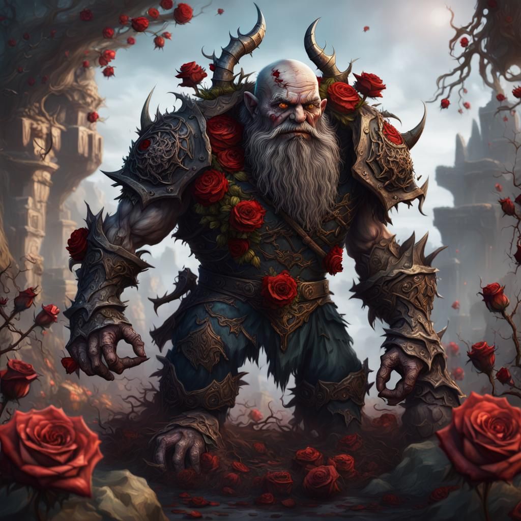 Dwarf undead with roses on whole body and big thorn in hand