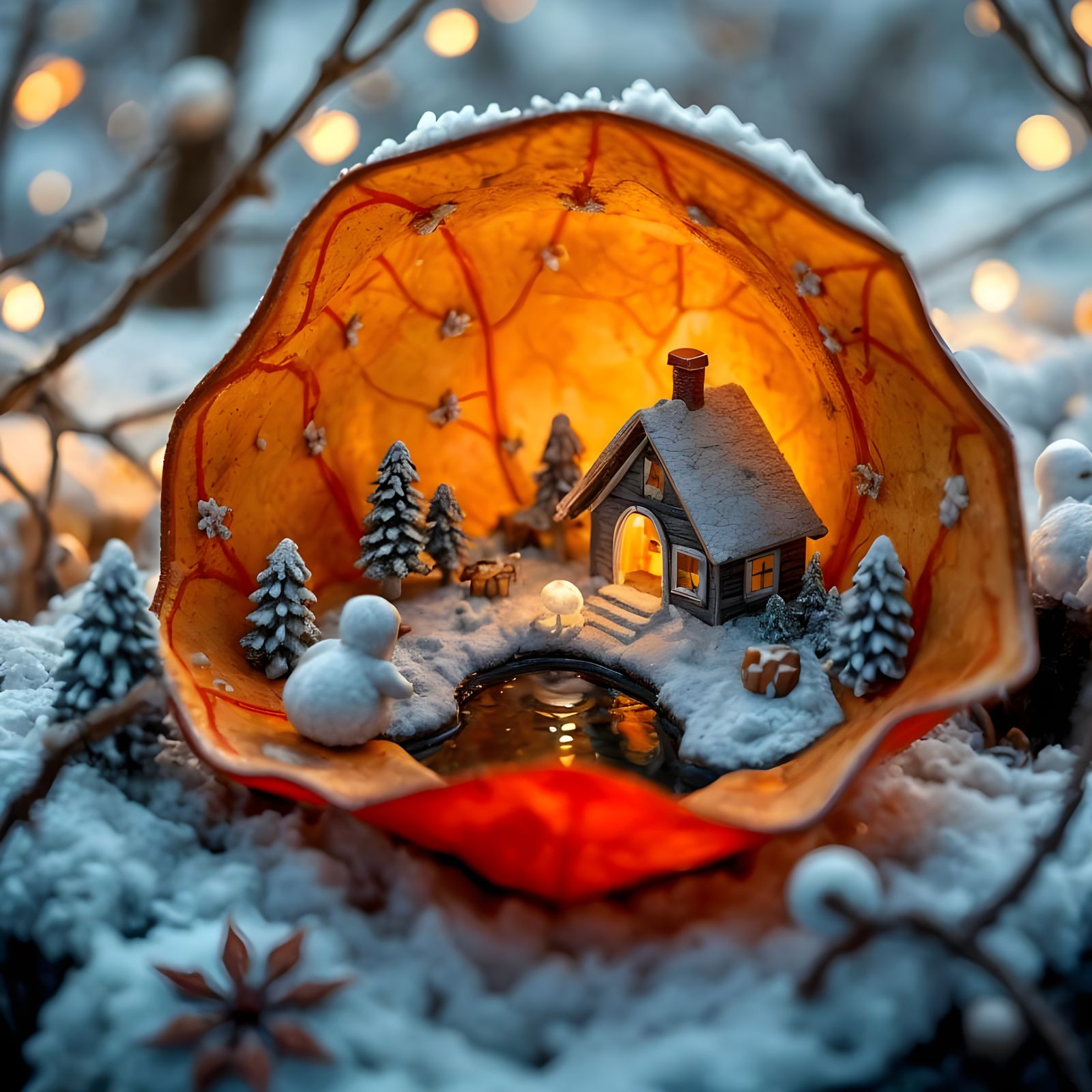 Whimsical Crystal Village Inside a Golden Leaf