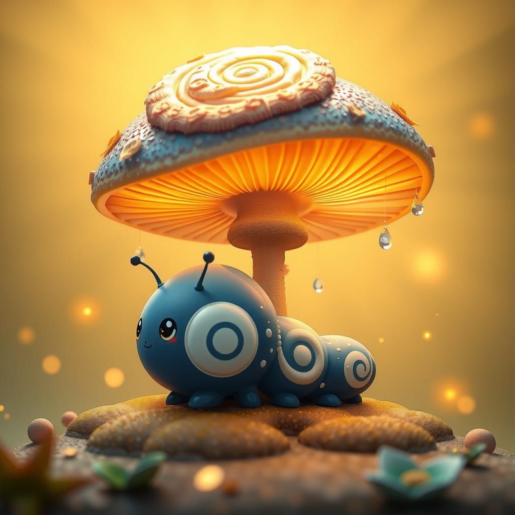 Kawaii Chibi Caterpillar in Whimsical Mushroom Wonderland