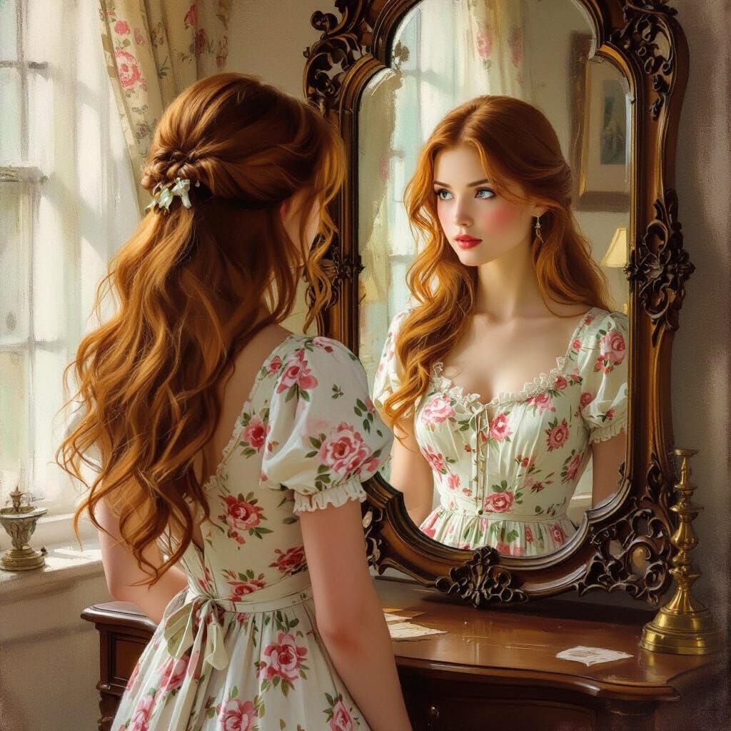 Woman Gazes at Reflection in Antique Mirror