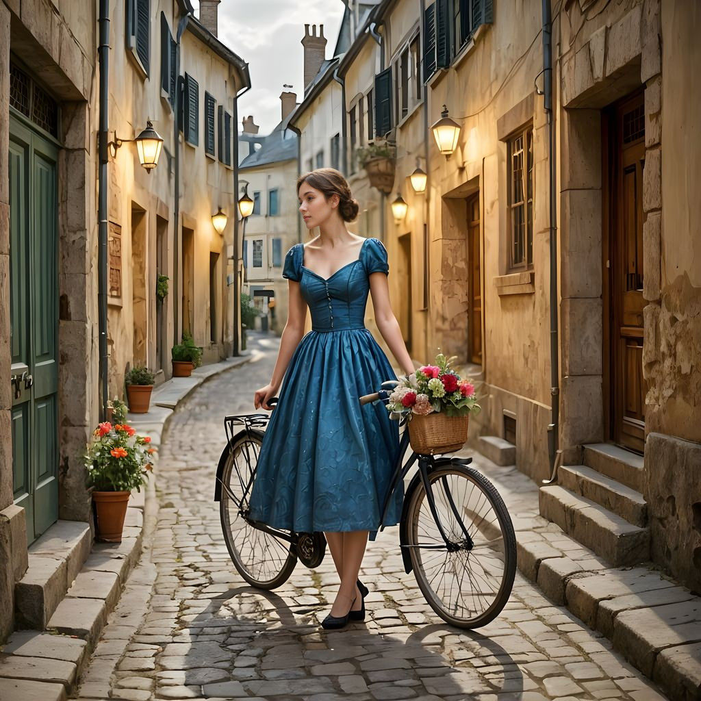 Vintage Woman Stands Out in a Bustling Street Scene