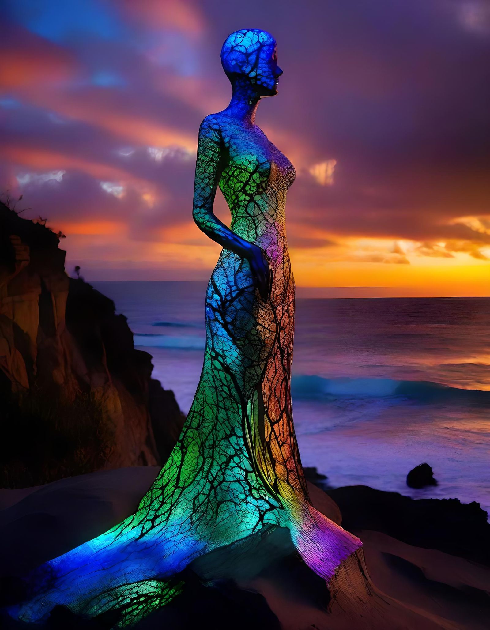Iridescent Wood Sculptures on Cliff at Sunset