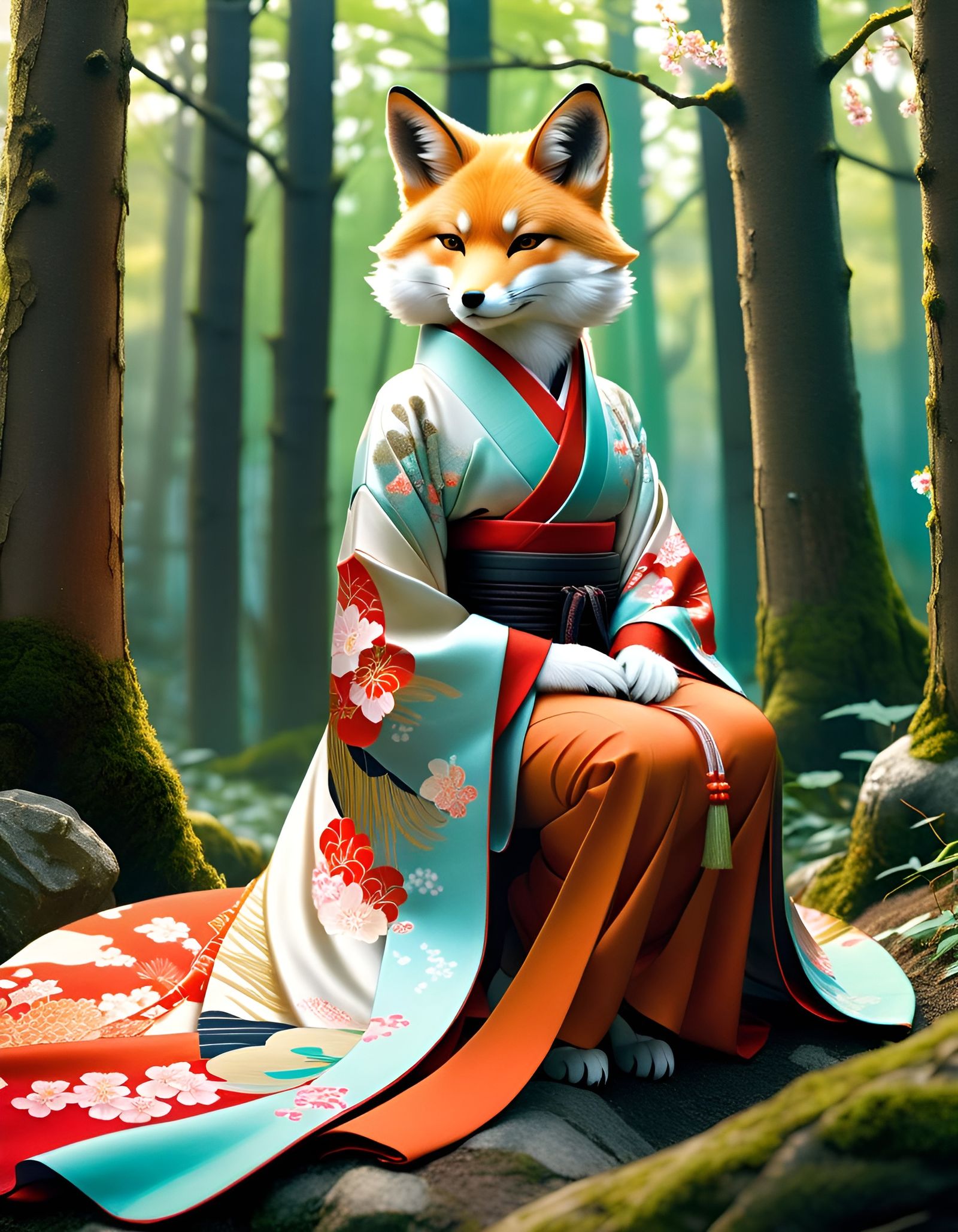 Kitsune in Kimono Among Komorebi, Hyperdetailed Photograph