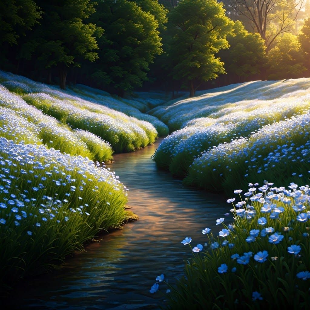 Dreamy Field of Light Blue Wildflowers in Warm Sunset Glow
