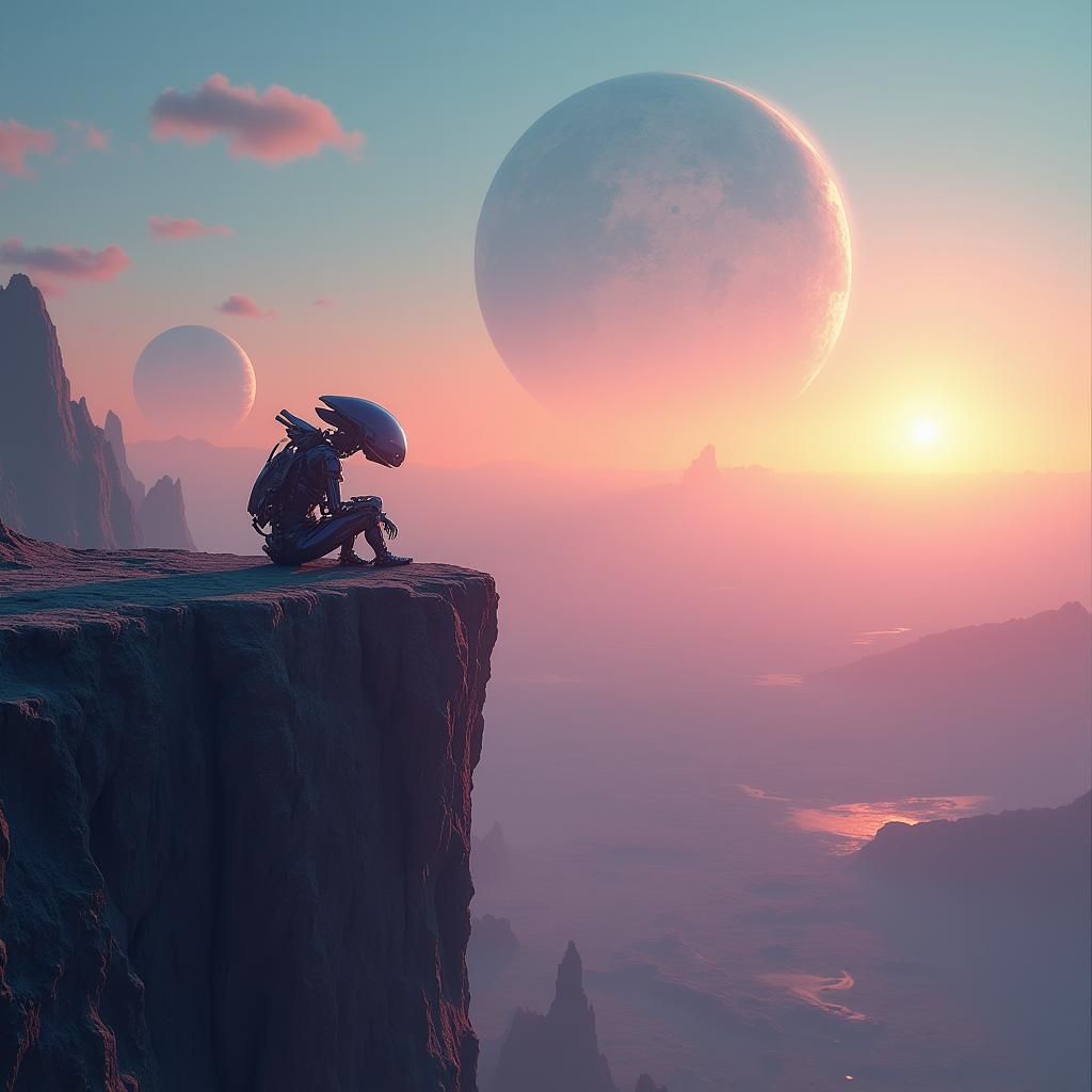 Robotic Creature Contemplates Alien Landscape