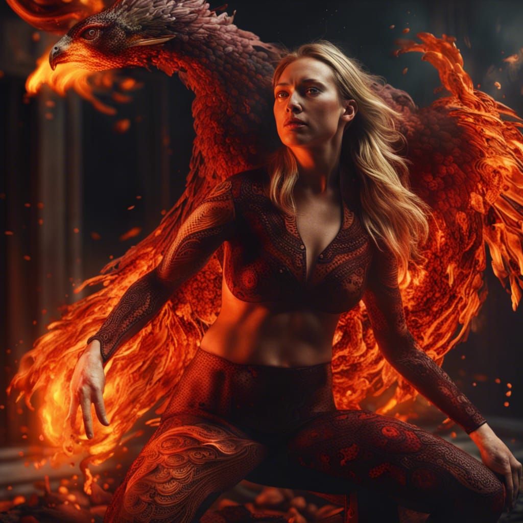 Woman Transforms to Fire Phoenix in Hyperrealistic Oil Paint...