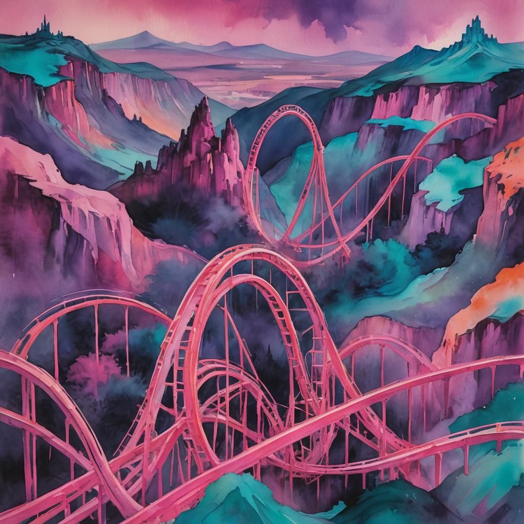 Neon Rollercoasters in Dreamlike Landscape