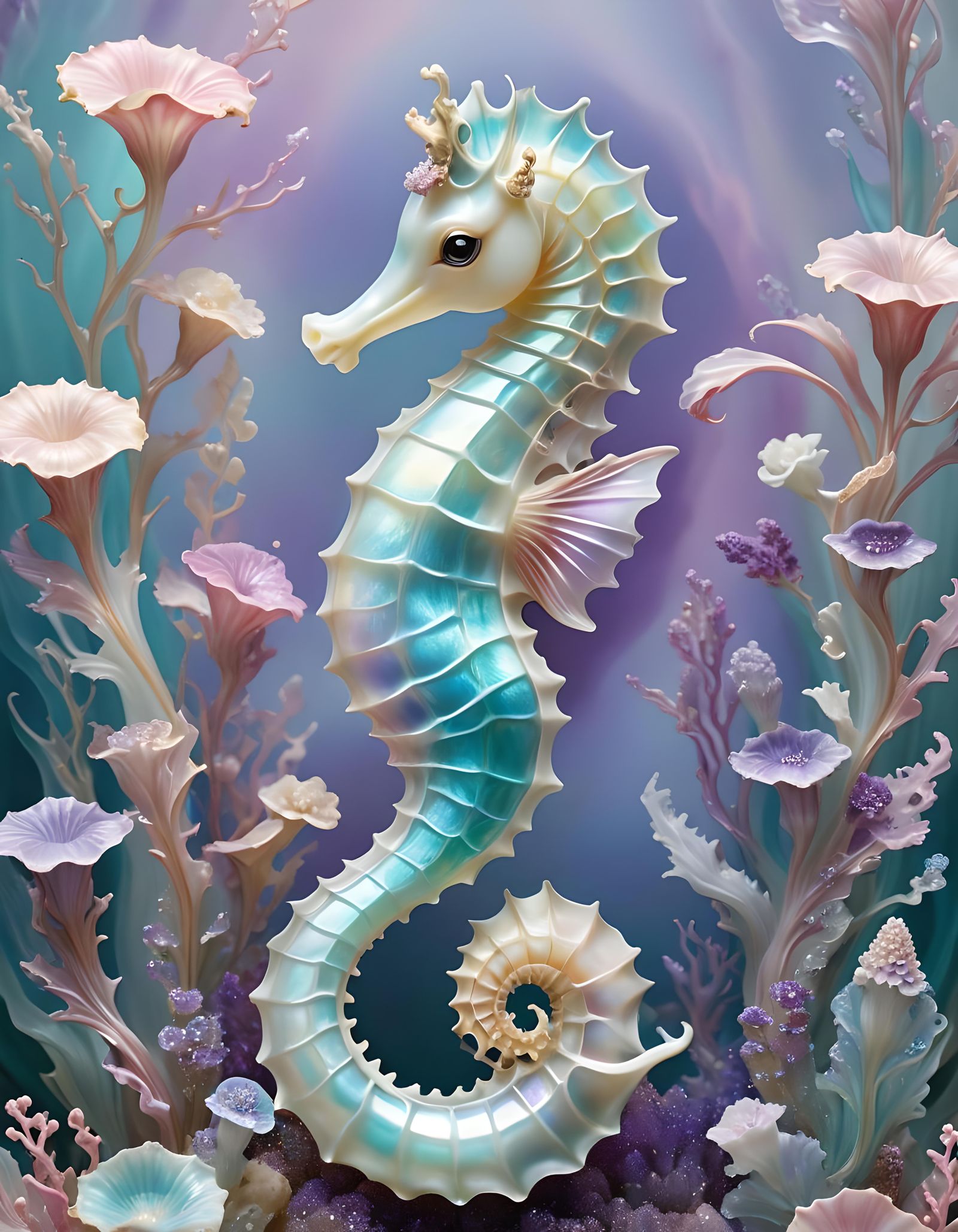 Ethereal Seahorse Portrait in Marbled Landscape