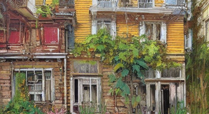 Colorful Dilapidated House in Summer Garden
