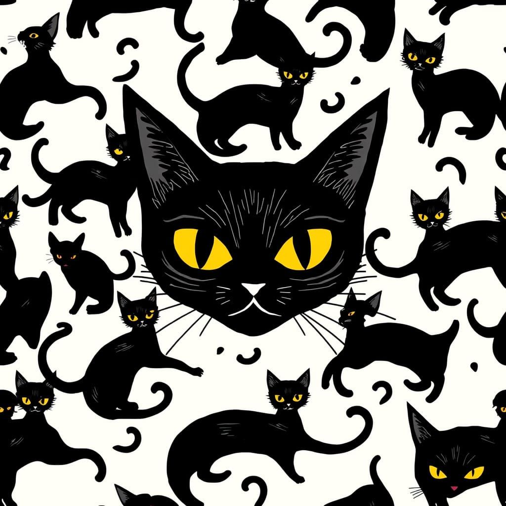 Whimsical Black Cat Intersections in Abstract All-Over Print