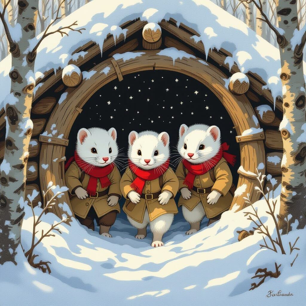 Stoats Begin Winter Adventure in Storybook Style