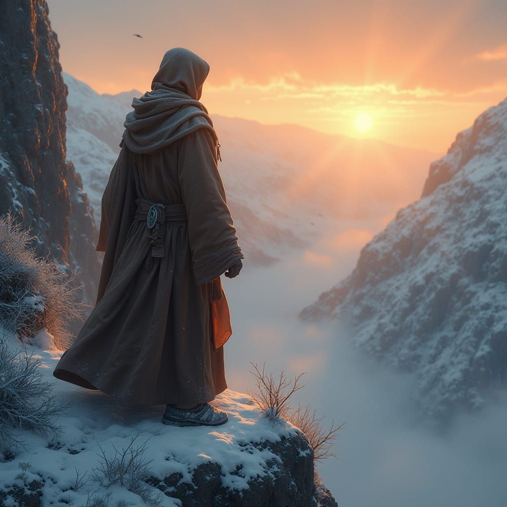 Brown-Robed Monk Stands on Cliff, Gazing Out at Winter Valle...